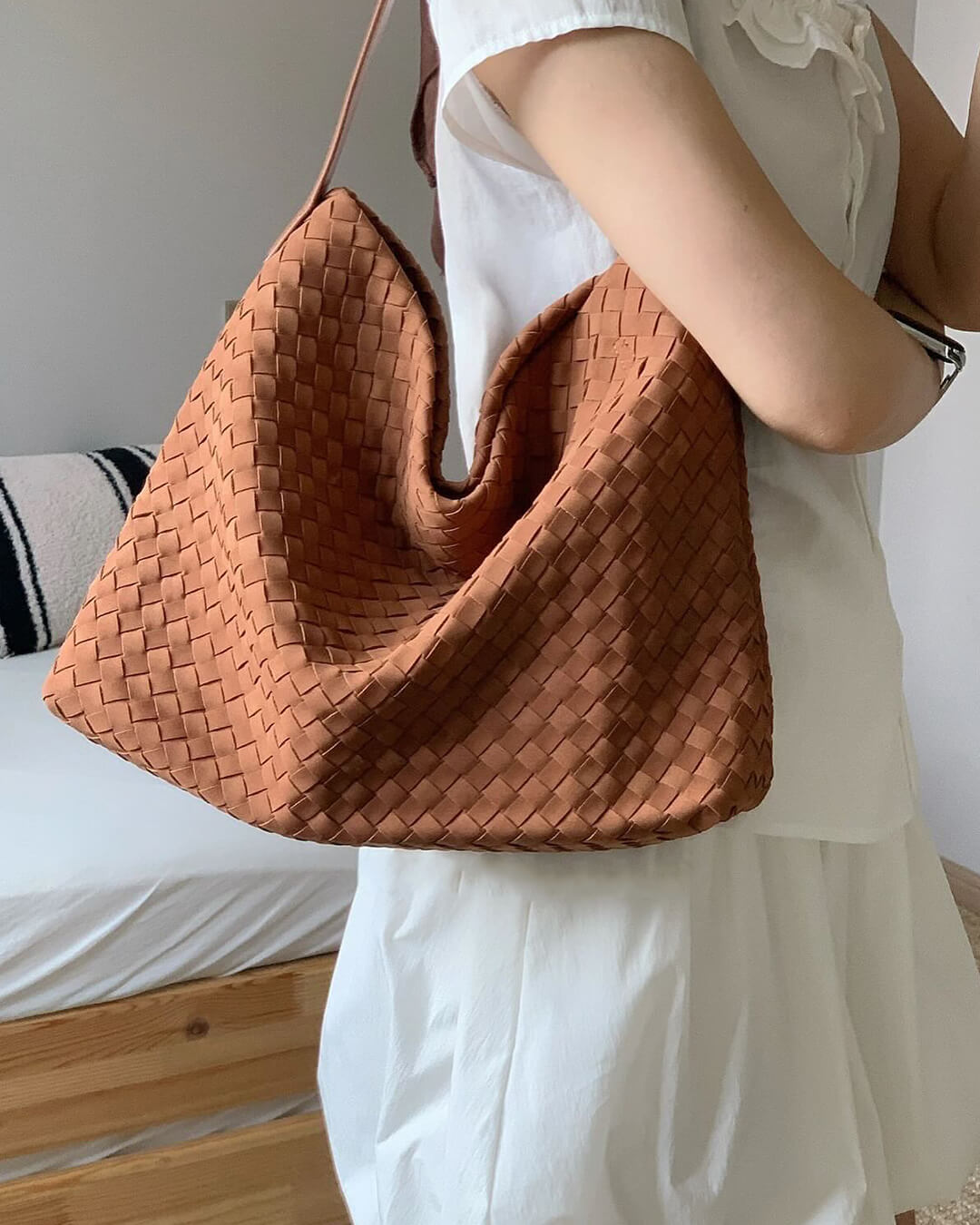Sorvienne Slouchy Faux Suede Woven Hobo Bag in Tan