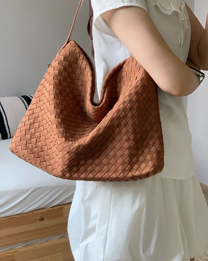 Sorvienne Slouchy Faux Suede Woven Hobo Bag in Tan