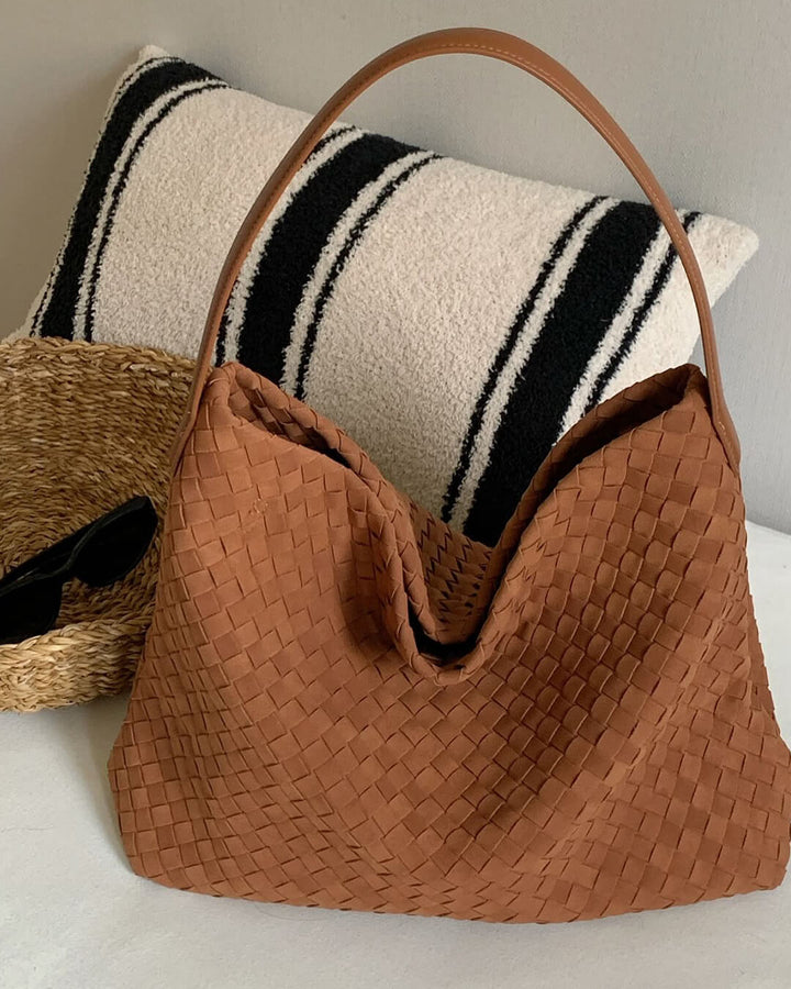 Sorvienne Slouchy Faux Suede Woven Hobo Bag in Tan