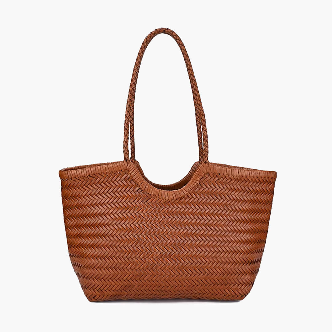 Sorvienne Structured Faux Leather Woven Basket Bag in Tan