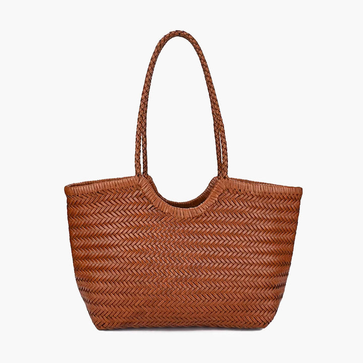 Sorvienne Structured Faux Leather Woven Basket Bag in Tan