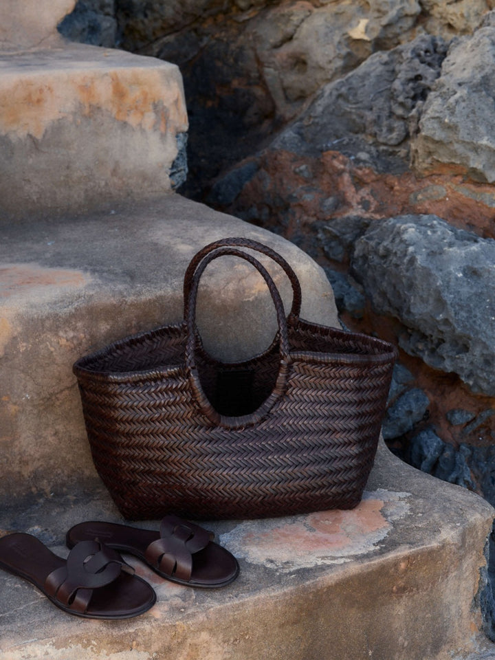 Sorvienne Structured Faux Leather Woven Basket Bag in Chocolate