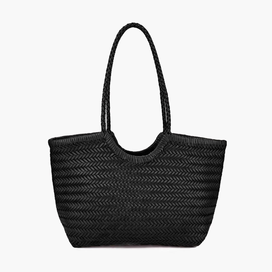 Sorvienne Structured Faux Leather Woven Basket Bag in Black