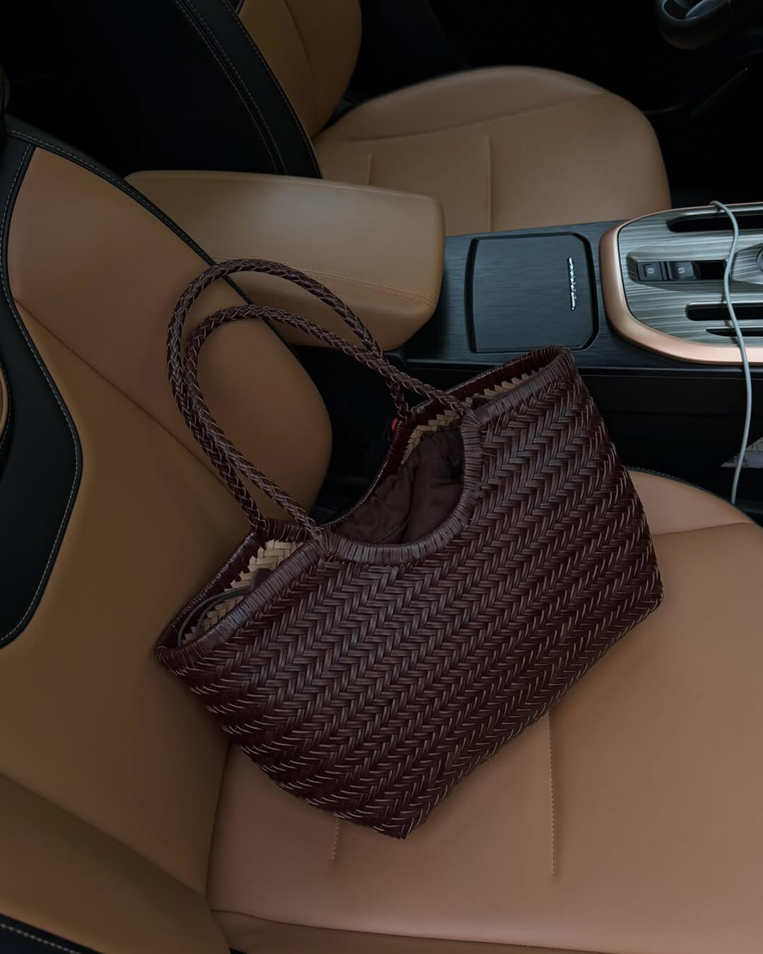 Sorvienne Structured Faux Leather Woven Basket Bag in Chocolate