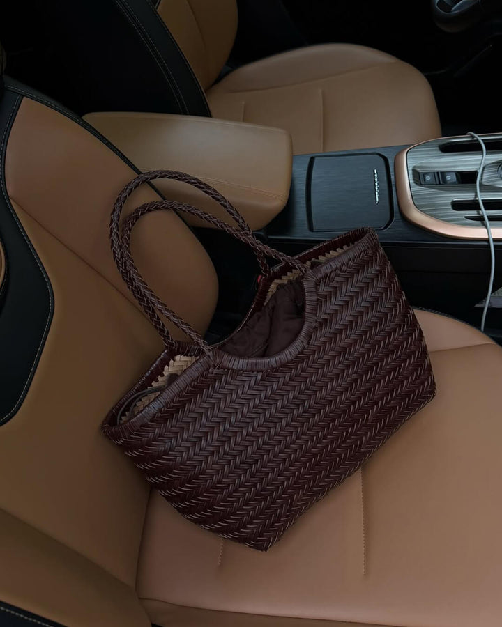 Sorvienne Structured Faux Leather Woven Basket Bag in Chocolate