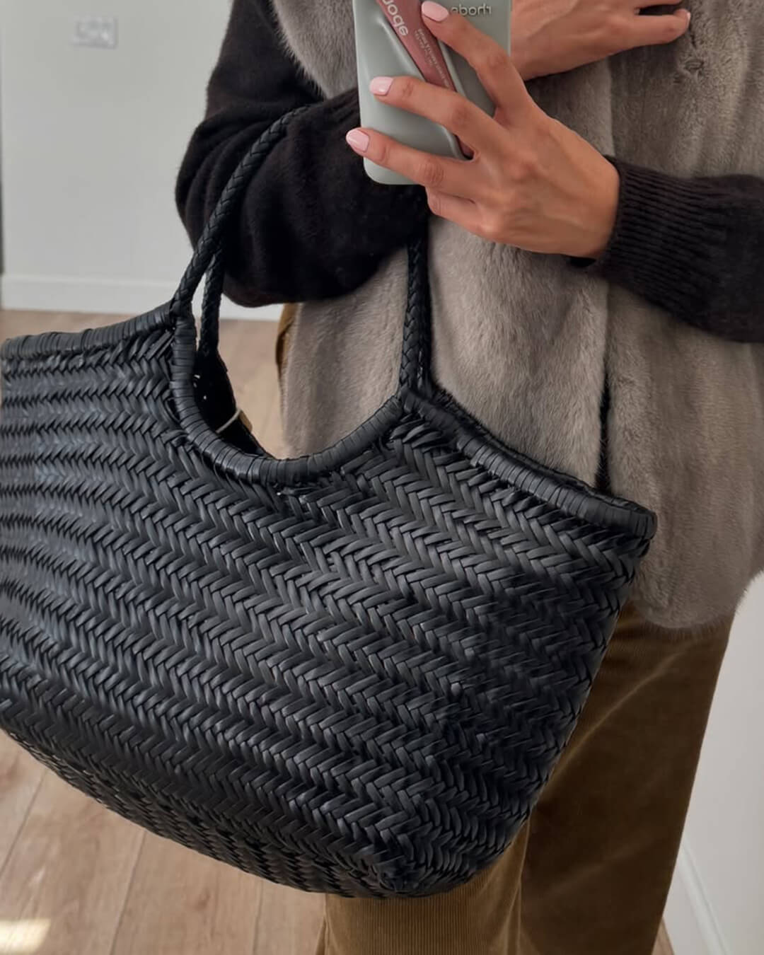 Sorvienne Structured Faux Leather Woven Basket Bag in Black