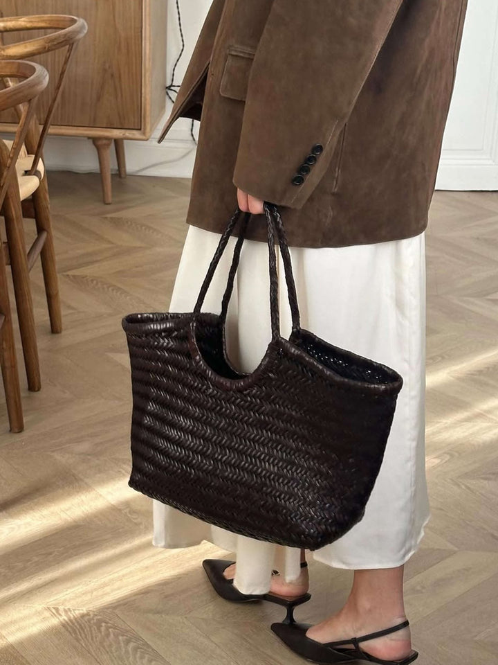 Sorvienne Structured Faux Leather Woven Basket Bag in Black