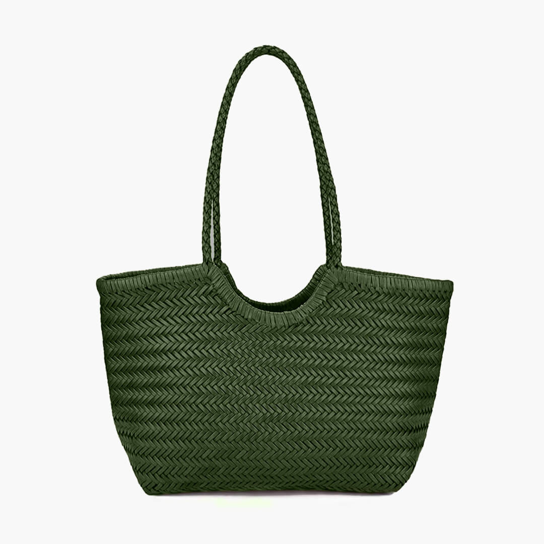 Sorvienne Structured Faux Leather Woven Basket Bag in Dark Green