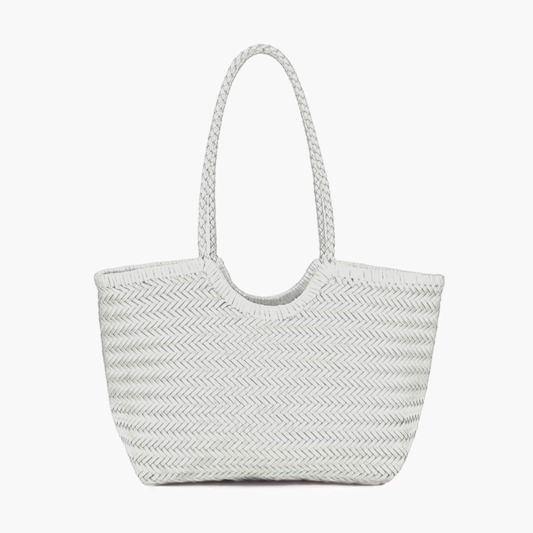 Sorvienne Structured Faux Leather Woven Basket Bag in White