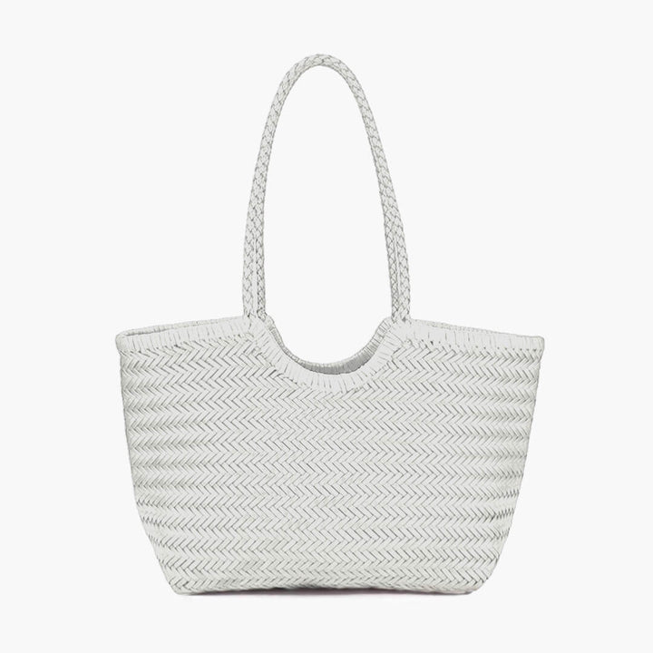 Sorvienne Structured Faux Leather Woven Basket Bag in White