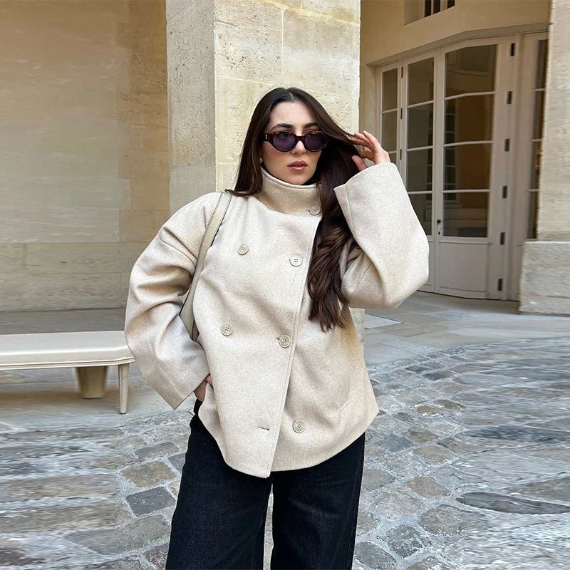Sorvienne Relaxed Double Breasted Stand Collar Jacket in Cream