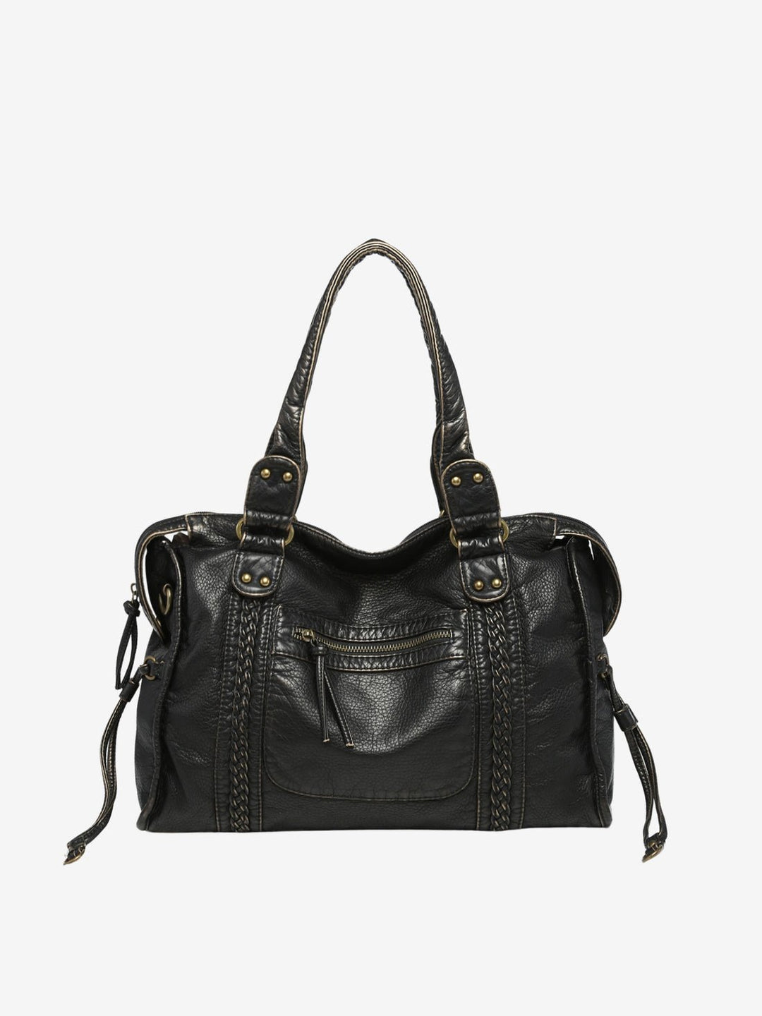 Sorvienne Washed Faux Leather Slouchy Shoulder Bag in Black