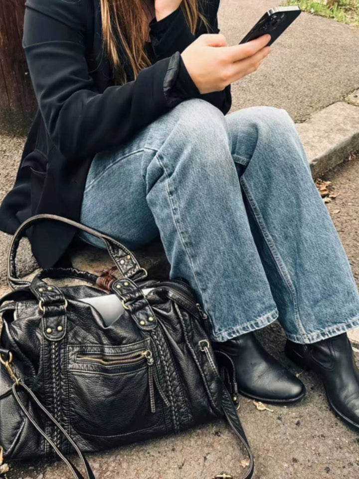 Sorvienne Washed Faux Leather Slouchy Shoulder Bag in Black