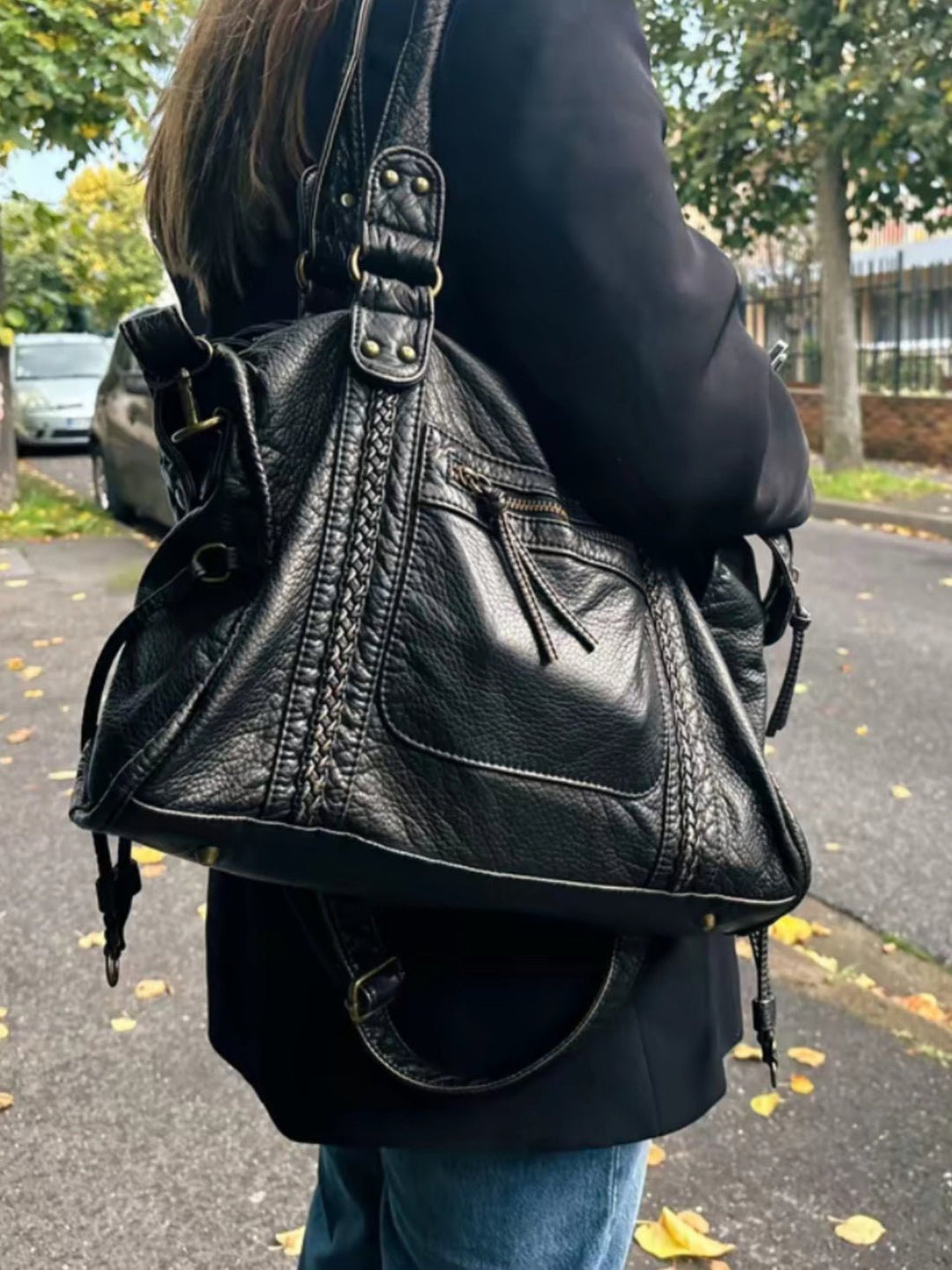 Sorvienne Washed Faux Leather Slouchy Shoulder Bag in Black