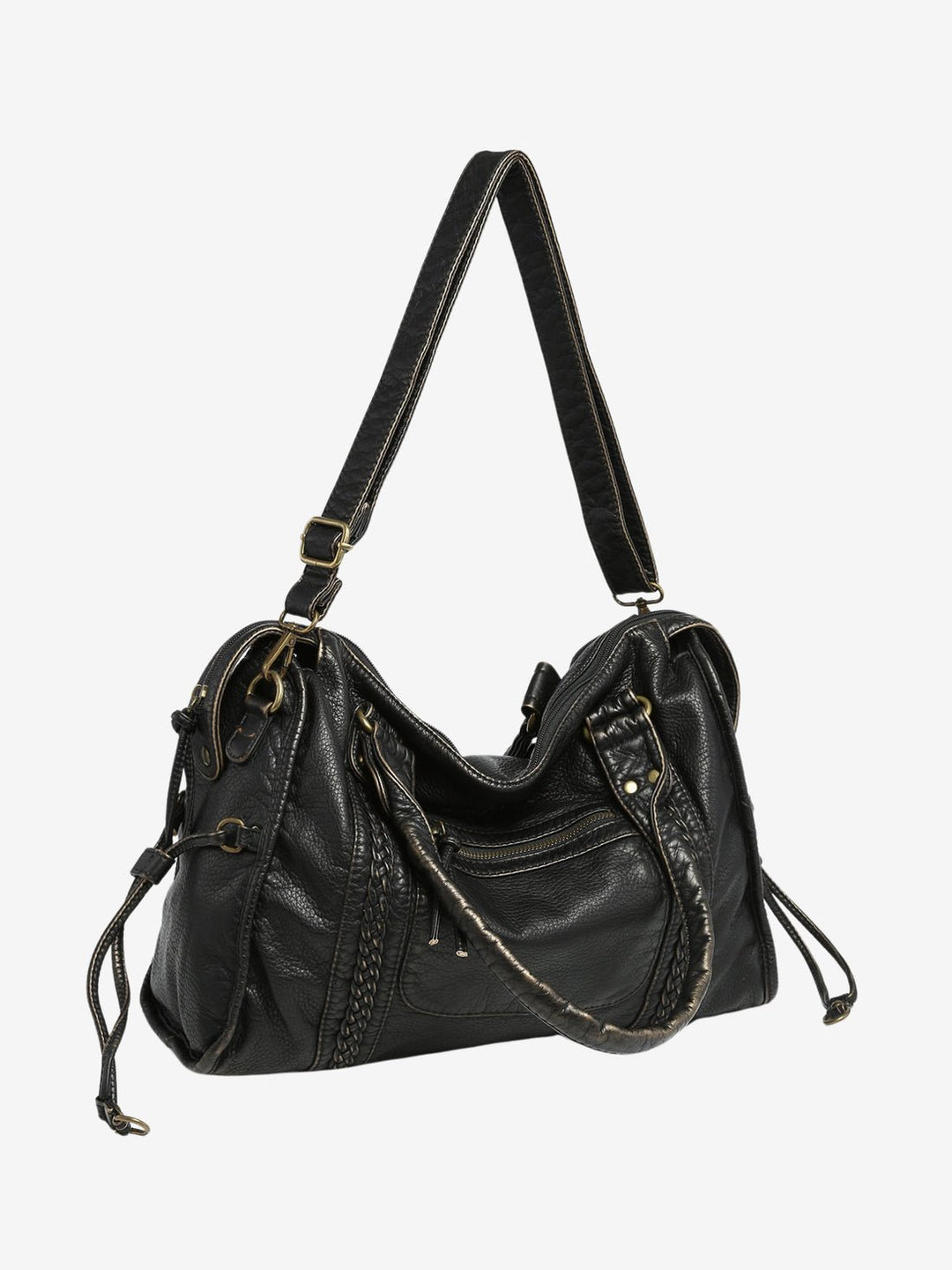 Sorvienne Washed Faux Leather Slouchy Shoulder Bag in Black