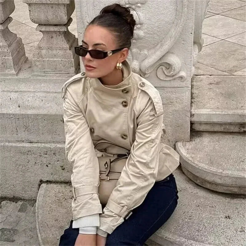 Sorvienne Structured Belted Cropped Trench Coat