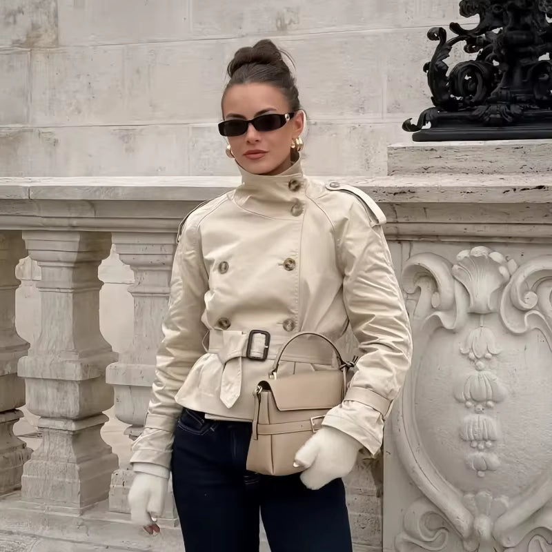 Sorvienne Structured Belted Cropped Trench Coat