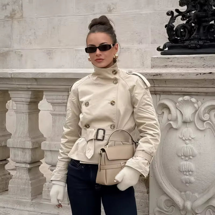 Sorvienne Structured Belted Cropped Trench Coat