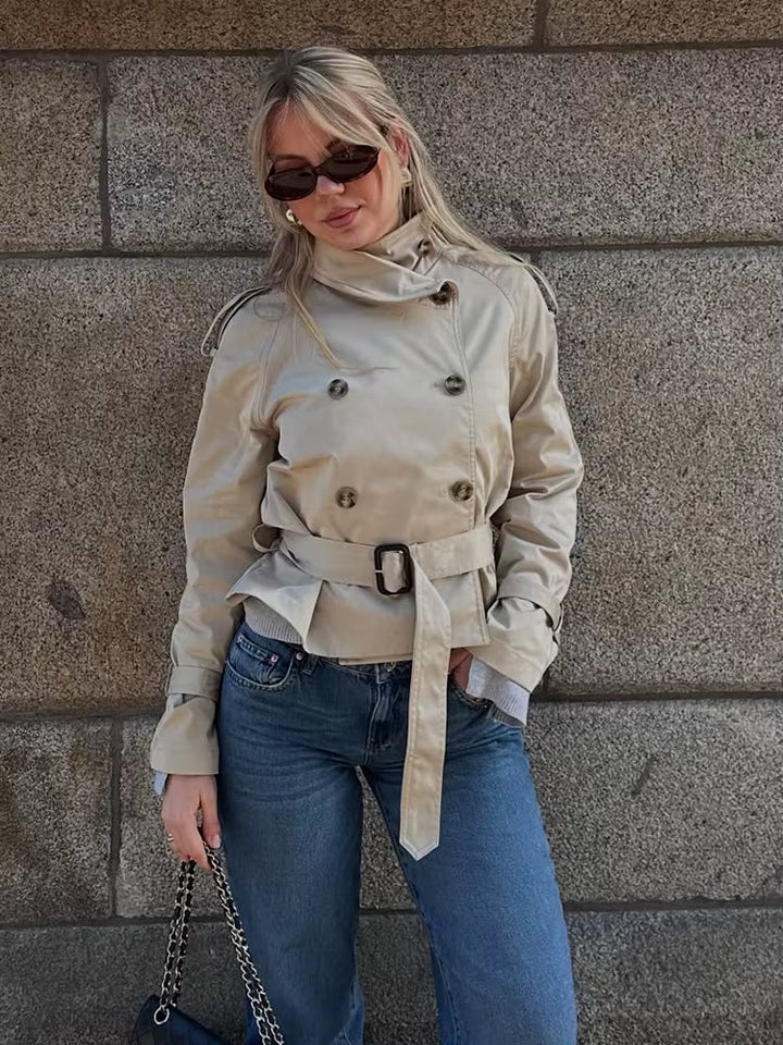 Sorvienne Structured Belted Cropped Trench Coat