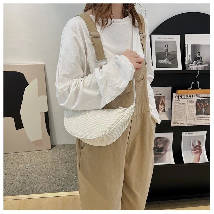 Sorvienne Small Crescent Cord Crossbody Bag in Cream