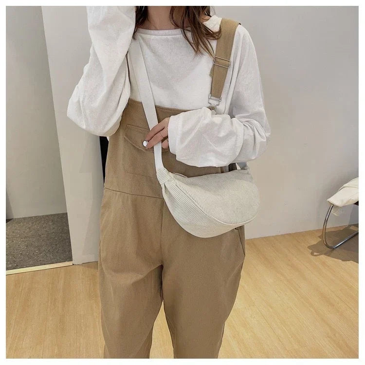 Sorvienne Small Crescent Cord Crossbody Bag in Cream