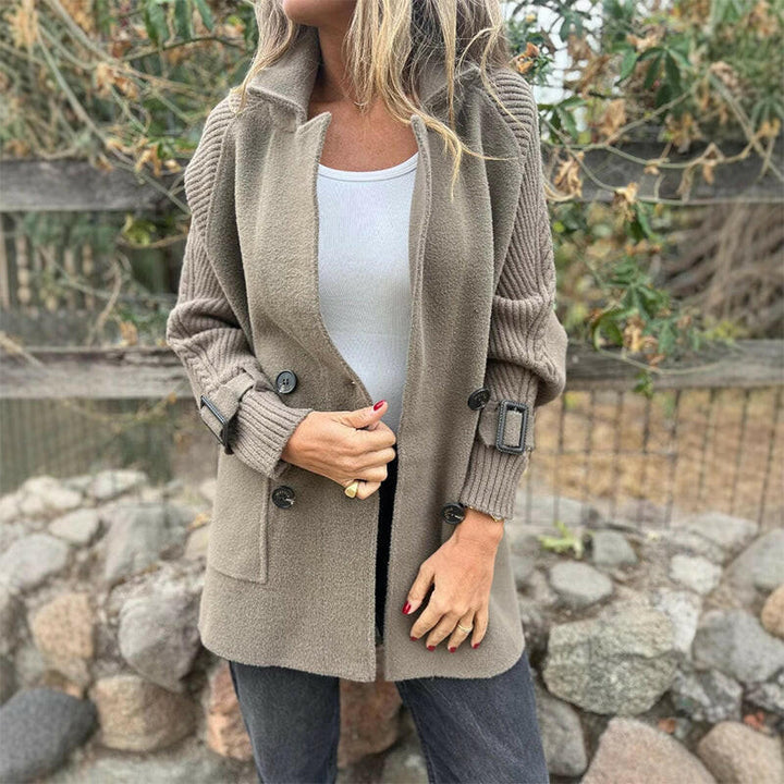 Sorvienne Relaxed Double Breasted Knit Cardigan Coat in Taupe