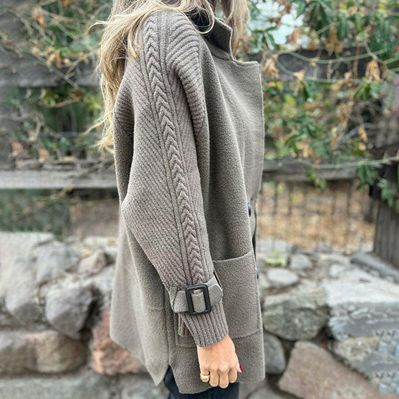 Sorvienne Relaxed Double Breasted Knit Cardigan Coat in Taupe