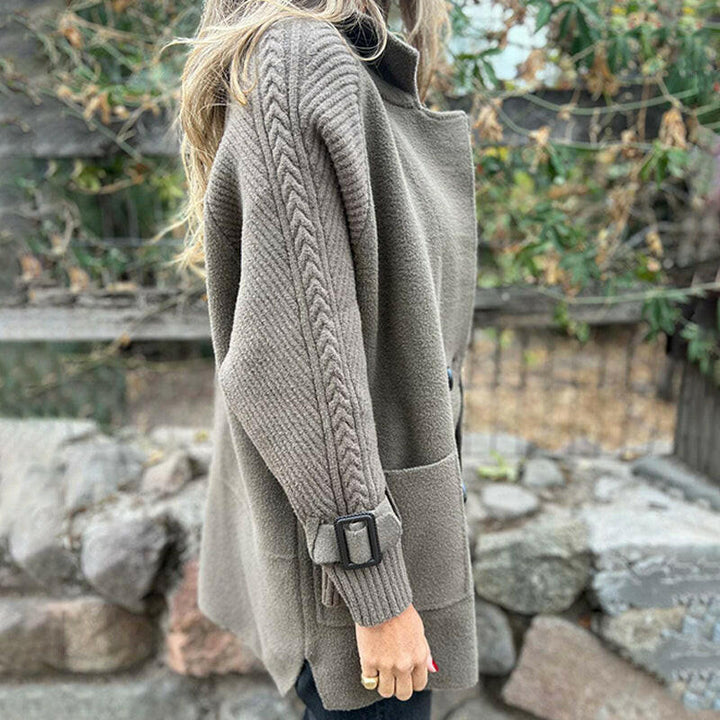 Sorvienne Relaxed Double Breasted Knit Cardigan Coat in Taupe