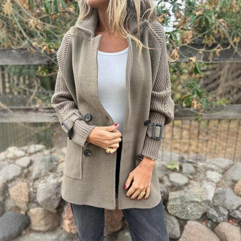 Sorvienne Relaxed Double Breasted Knit Cardigan Coat in Taupe