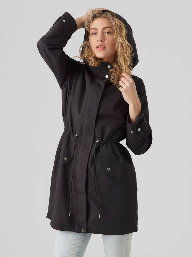 Sorvienne Drawstring Waist Hooded Raincoat in Black