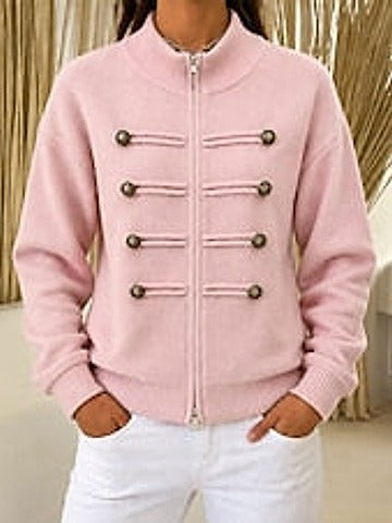 Sorvienne Stand Collar Military Cardigan in Pink