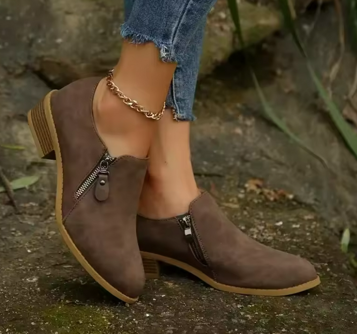 Sorvienne Comfort Side Zip Block Heel Shoe Boots in Taupe