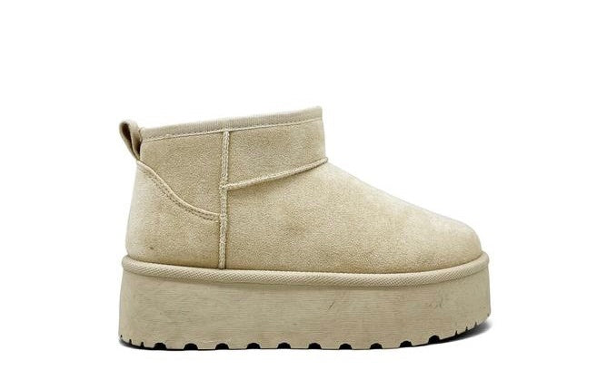 Sorvienne Soft Lined Platform Mini Boots in Sand