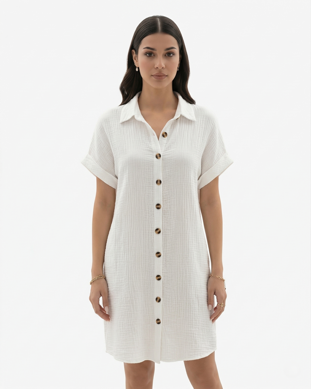 Button Down Shirt Dress Collared Rolled Cuff Sleeve with Pockets