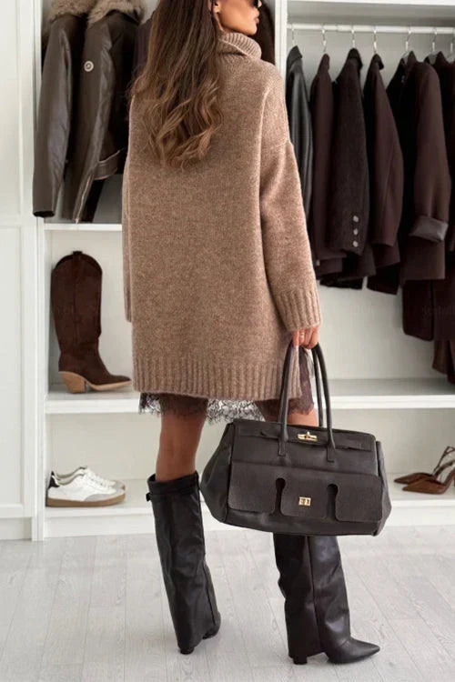 Sorvienne Oversized Lace Hem Roll Neck Jumper Dress in Camel