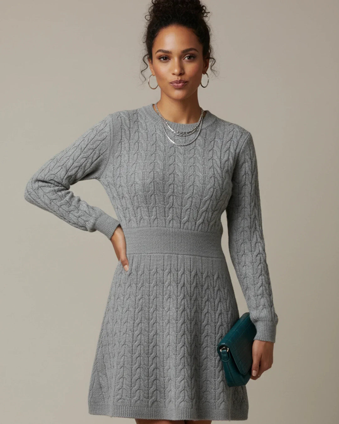 Sorvienne Tailored Waist Cable Knit Jumper Dress in Grey