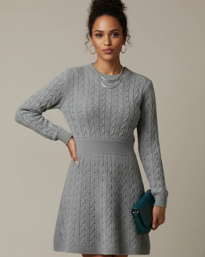Sorvienne Tailored Waist Cable Knit Jumper Dress in Grey