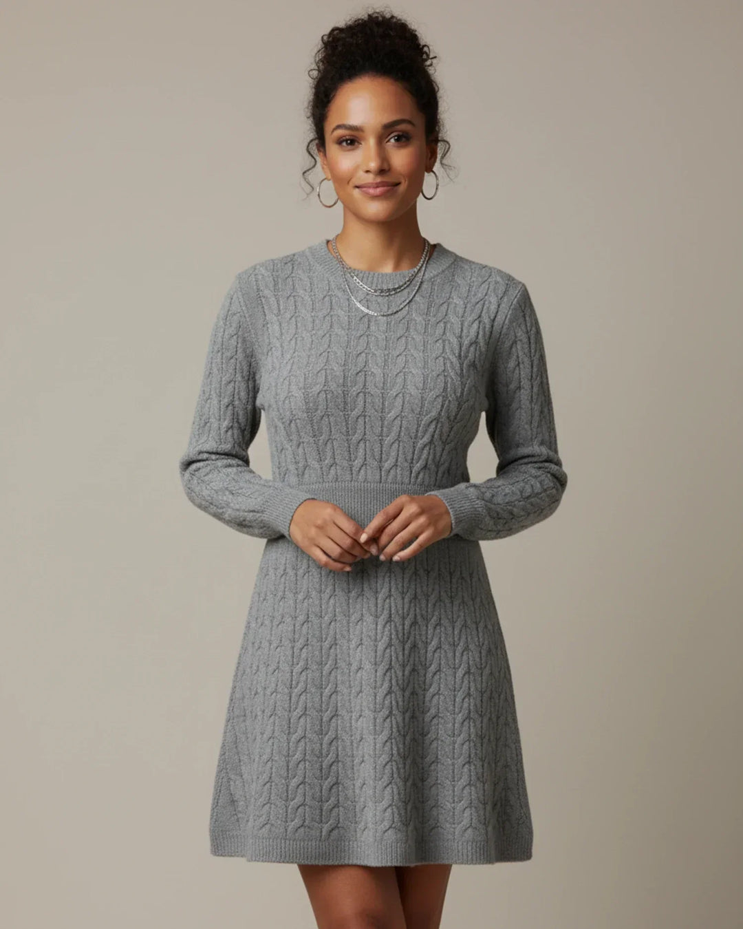 Sorvienne Tailored Waist Cable Knit Jumper Dress in Grey