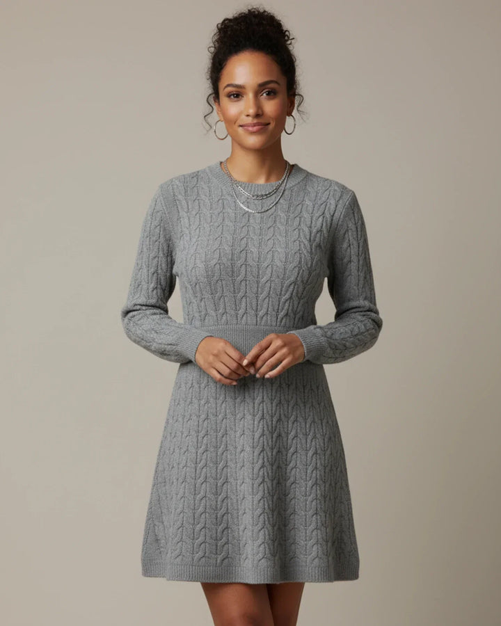 Sorvienne Tailored Waist Cable Knit Jumper Dress in Grey