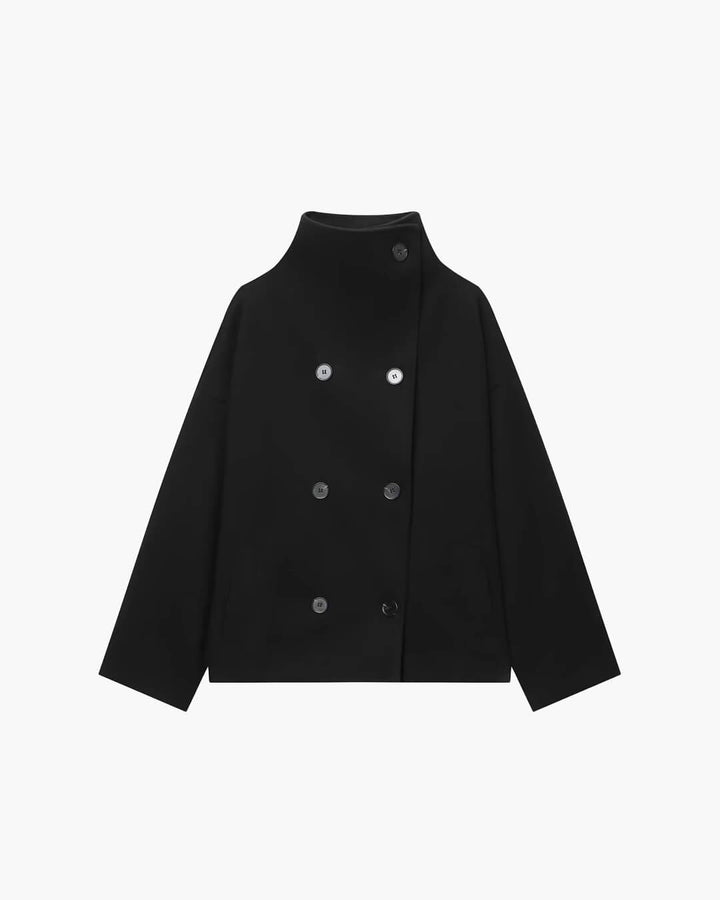 Sorvienne Relaxed Double Breasted Stand Collar Jacket in Black